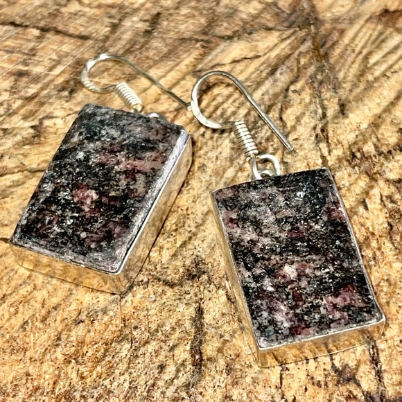 Dark Square Rhodonite Earrings 1 7/8” - Picture 6 of 8